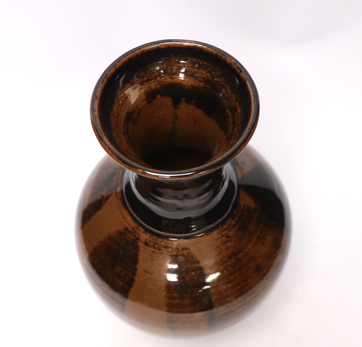 A tenmoku glazed studio pottery vase, 29cm